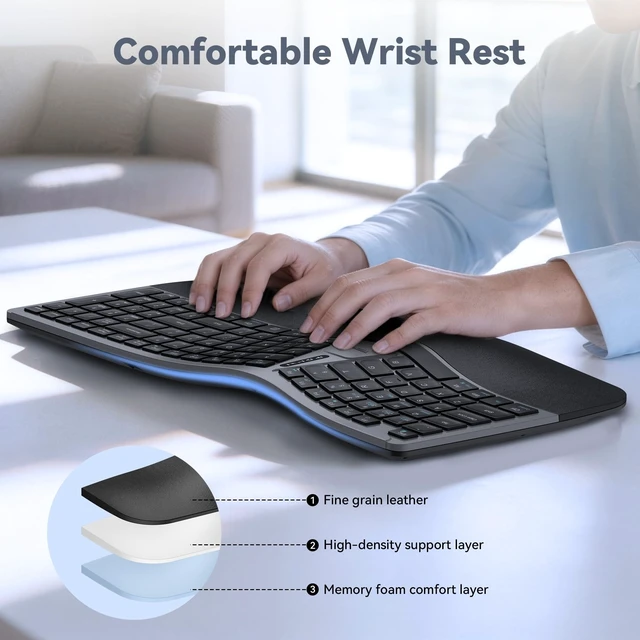 Alt view image 4 of 5 - TECKNET Wireless Ergonomic Keyboard Rechargeable, 2.4G+Bluetooth Ergo Cordless USB Computer Keyboard, Wrist Rest, Natural Typing, Stain-Resistant Fabric, Compatible For Windows Computer Desktop