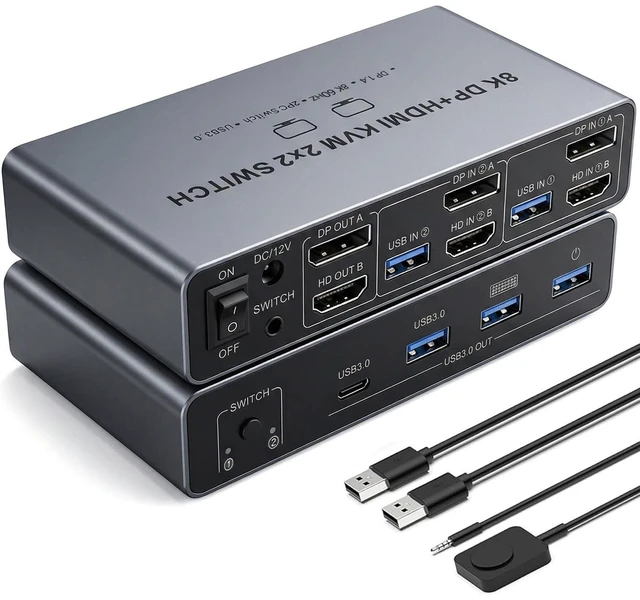 Main image of Dual Monitor 8K HDMI Displayport KVM Switch, 2 Monitors 2 Desktop Computers 4K@144Hz HDMI+DP 2IN 2 Out USB 3.0 KVM Switcher, 2 Switching Modes, 2 PCs Share 1 Set of Keyboard Mouse Printer