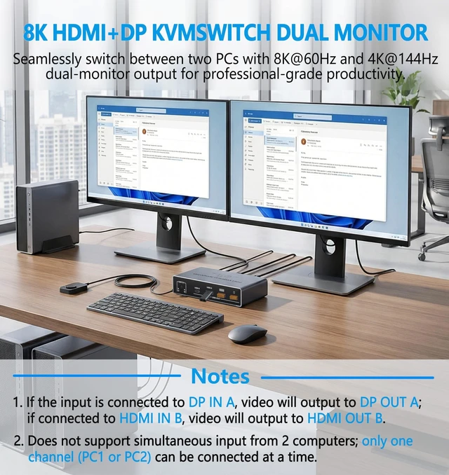 Alt view image 2 of 5 - Dual Monitor 8K HDMI Displayport KVM Switch, 2 Monitors 2 Desktop Computers 4K@144Hz HDMI+DP 2IN 2 Out USB 3.0 KVM Switcher, 2 Switching Modes, 2 PCs Share 1 Set of Keyboard Mouse Printer