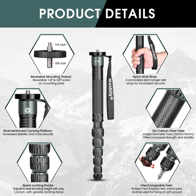 Alt view image 4 of 5 - Manbily Camera Monopod 69-Inch 32mm Tube Carbon Fiber Walking Stick Monopods for Cameras 6 Sections Portable Compact Travel with Handle, Phone Clip Max. 33lbs for DSLR Video Camcorder Stand (C-666L)