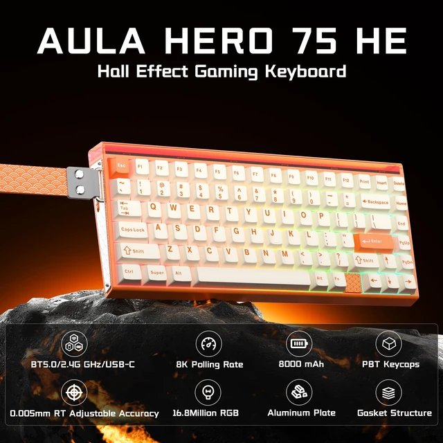 Alt view image 2 of 5 - Aula Hero 75 HE Hall Effect Wireless Gaming Keyboard, 8K Polling & 8000mAh