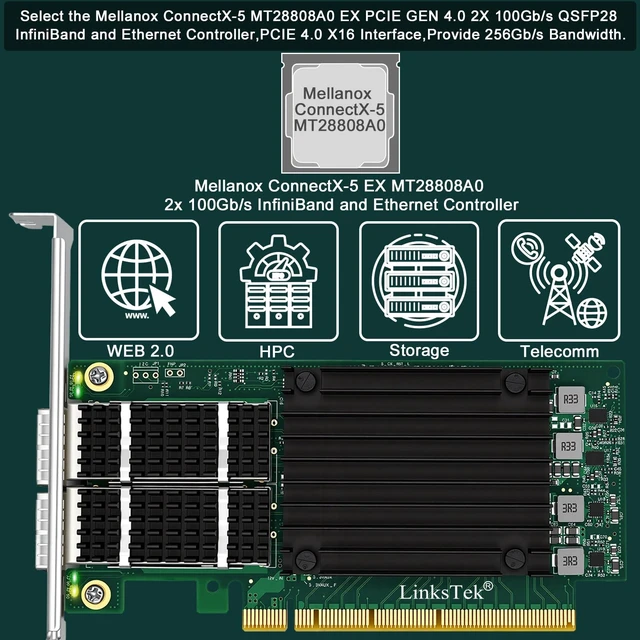 Alt view image 2 of 5 - 2X 100Gb/s QSFP28 Ports PCIE 4.0 X16 Intelligent RDMA Enabled InfiniBand & Ethernet Adapter for HPC, Web 2.0, Cloud and Storage Servers, Mellanox ConnectX-5 EX MT28808A0 Ethernet Controller (CX556A)