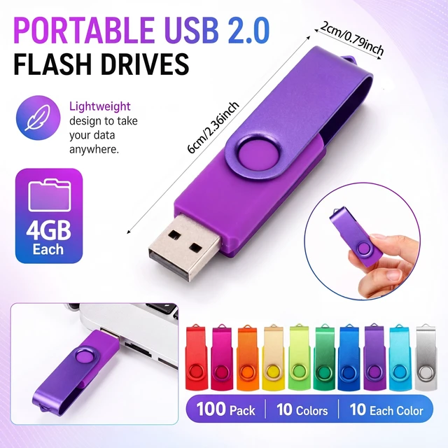Alt view image 2 of 5 - Kanayu 100 Pack 4GB USB 2.0 Flash Drives, Multicolor Swivel Design