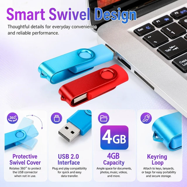 Alt view image 3 of 5 - Kanayu 100 Pack 4GB USB 2.0 Flash Drives, Multicolor Swivel Design
