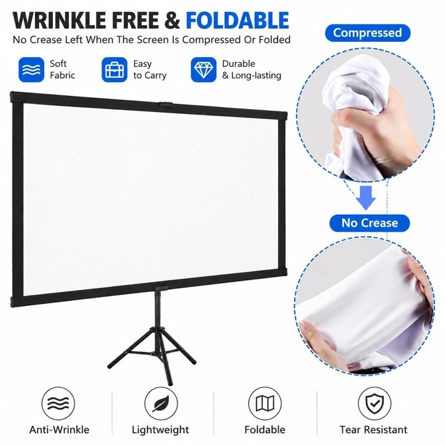 Alt view image 4 of 5 - Portable Projector Screen with Tripod Stand, 80in Projection Screen Outdoor for Backyard, Camping, Washable Cloth Projector Screen with Water Weight Bag, Indoor Movie Screen, 16:9