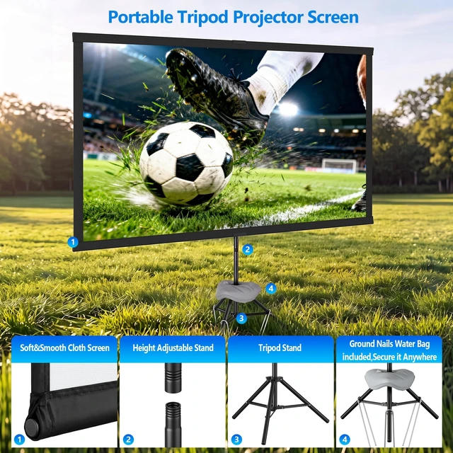 Alt view image 5 of 5 - Portable Projector Screen with Tripod Stand, 80in Projection Screen Outdoor for Backyard, Camping, Washable Cloth Projector Screen with Water Weight Bag, Indoor Movie Screen, 16:9