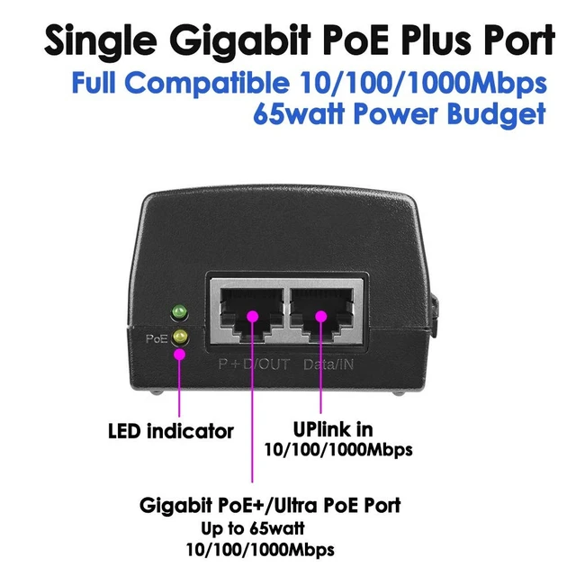 Alt view image 2 of 5 - 60W Gigabit PoE++ Injector - 10/100/1000Mbps, RJ45 Shielded, IEEE 802.3af/at/BT Compliant, PoE Switch Powerline Network Adapter for High Power Ethernet Devices, Up to 328ft