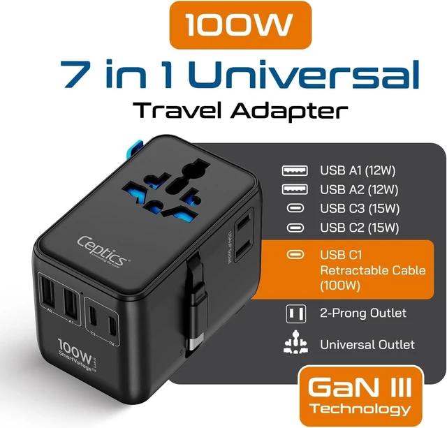 Alt view image 2 of 5 - Ceptics Universal Travel Adapter, GAN 100W, 4 USB Ports & 2 Input Sockets