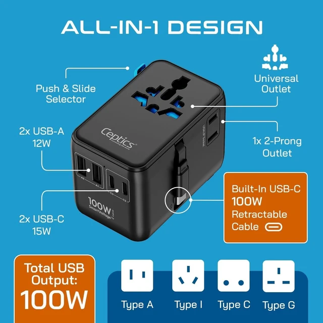 Alt view image 3 of 5 - Ceptics Universal Travel Adapter, GAN 100W, 4 USB Ports & 2 Input Sockets