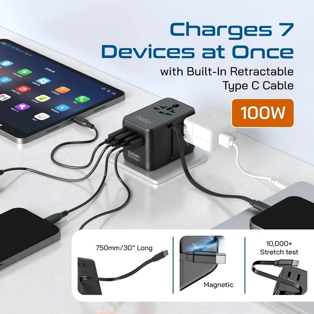 Alt view image 4 of 5 - Ceptics Universal Travel Adapter, GAN 100W, 4 USB Ports & 2 Input Sockets