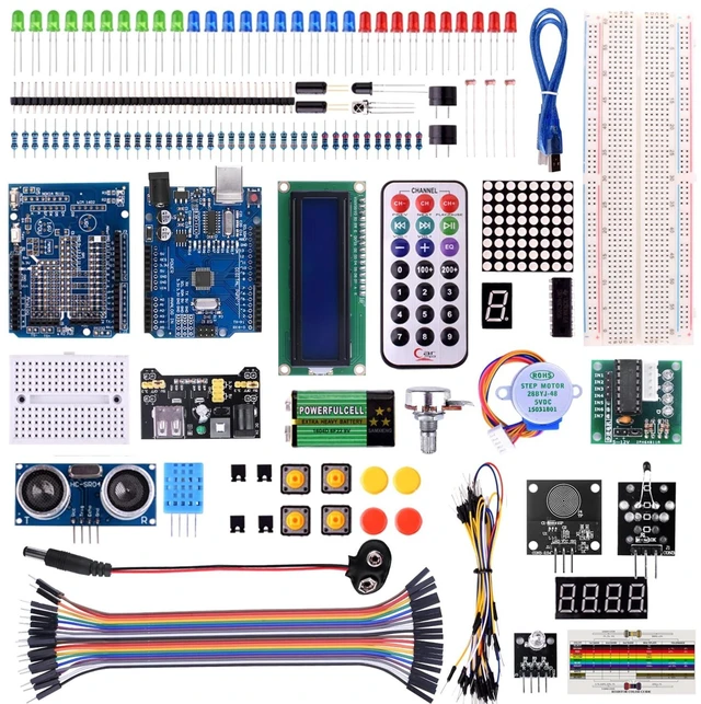 Main image of Kuman Arduino-Compatible R3 Board Starter Kit with Sensors, Breadboard, Jumper Wires, Motors, LCD, Tutorial for Beginners to Learn Robotics Coding and Electronics Projects