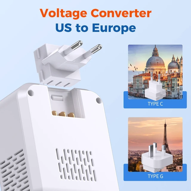 Alt view image 3 of 5 - 2000W Voltage Converter US to Europe for Hair Dryers, 7-in-1 220V to 110V Converter for European Travel with 3 AC/2 USBA/2 USBC Ports (PD20W), Universal Travel Adapter with Type G C Plugs