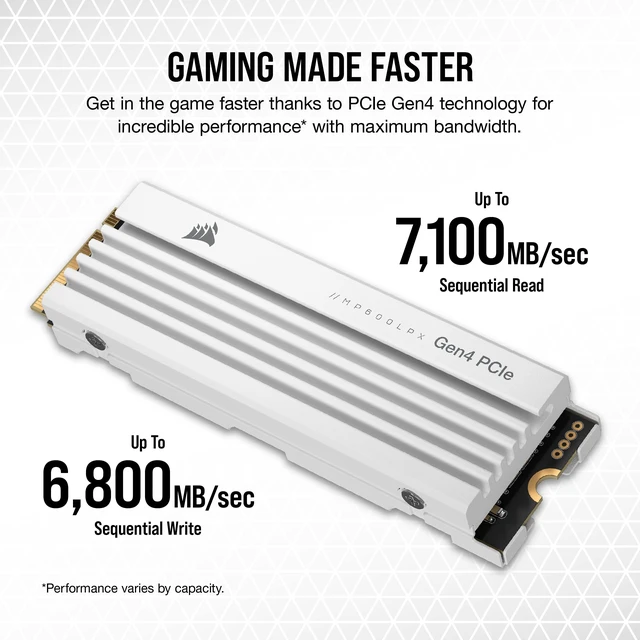 Alt view image 5 of 5 - Corsair MP600 PRO LPX 1TB M.2 NVMe PCIe x4 Gen4 SSD - Optimised for PS5 (Up to 7,100MB/sec Sequential Read & 5,800MB/sec Sequential Write Speeds, High-Speed Interface, Compact Form Factor) White