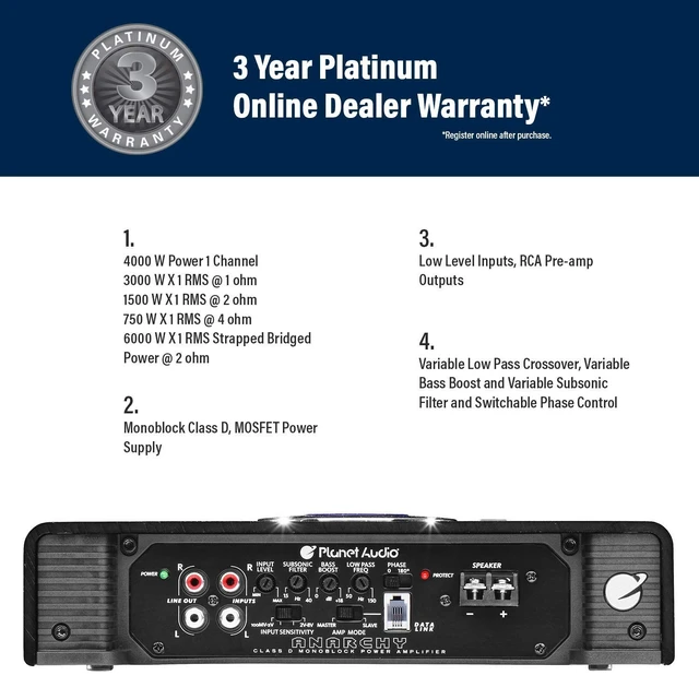 Alt view image 4 of 5 - Planet Audio AC4000.1D 4000 Output Class D Monoblock 1 Ohm Car Amplifier