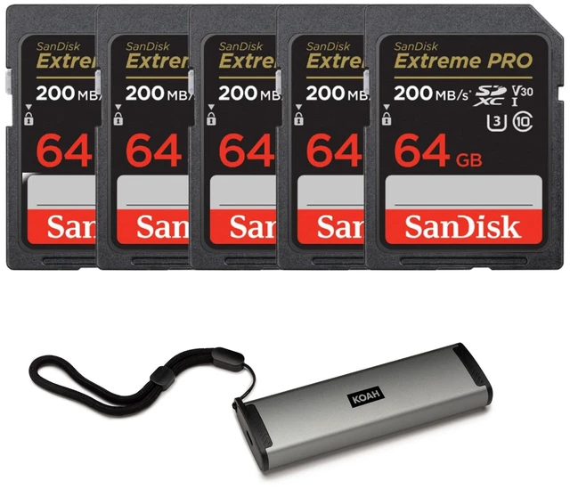 Main image of SanDisk 64GB Extreme PRO 200MB/s Memory Card (5-Pack) Bundle (6 Items)
