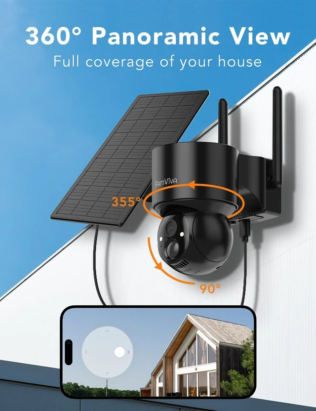 Alt view image 2 of 5 - FAMVIVA 2K Solar Security Cameras Wireless Outdoor, 2.4G WiFi Outdoor Camera with Color Night Vision, 360PTZ Battery Powered Cameras for Home Security, IP66 Waterproof, Motion Sensor Alarm, Bla