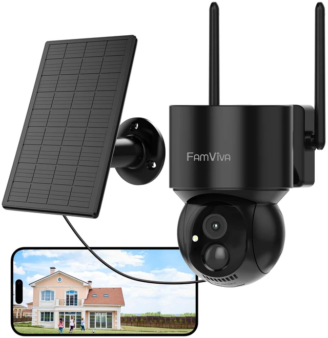 Main image of FAMVIVA 2K Solar Security Cameras Wireless Outdoor, 2.4G WiFi Outdoor Camera with Color Night Vision, 360PTZ Battery Powered Cameras for Home Security, IP66 Waterproof, Motion Sensor Alarm, Bla