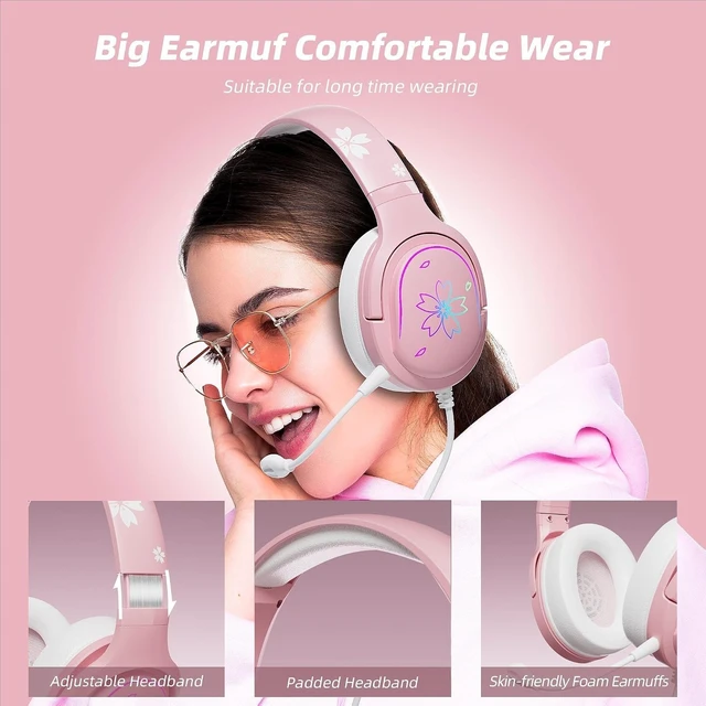 Alt view image 2 of 5 - Wired Gaming Headset, 360 Rotation Mic, Soft Earmuff Pink Headset Gaming Headphones for PS4, PS5, PC & MAC, Switch, RGB Gradient Light Effect