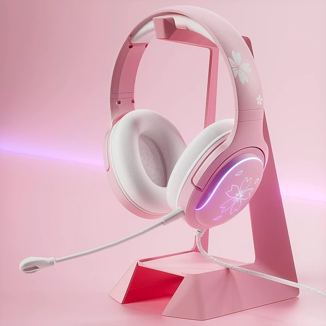 Alt view image 4 of 5 - Wired Gaming Headset, 360 Rotation Mic, Soft Earmuff Pink Headset Gaming Headphones for PS4, PS5, PC & MAC, Switch, RGB Gradient Light Effect