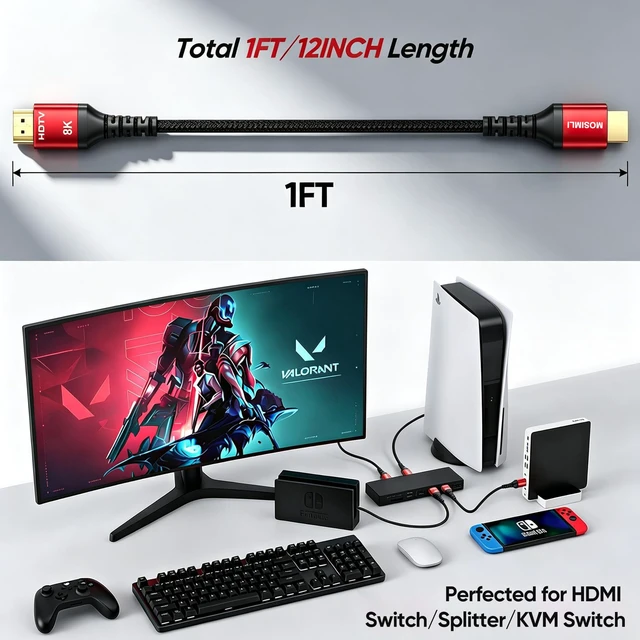 Alt view image 4 of 5 - 8K Short HDMI Cable 1FT 8Pack, 48Gbps HDMI 2.1 Cord, Red Aluminum Braided