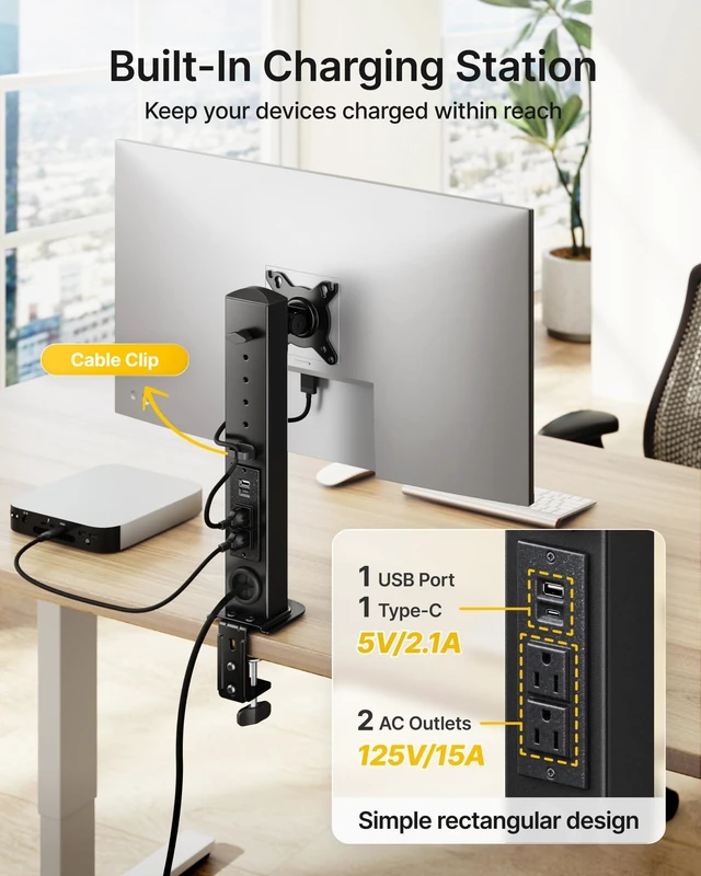 Alt view image 3 of 5 - monTEK Powered Single Monitor Stand for 17-32", Clamp/Grommet