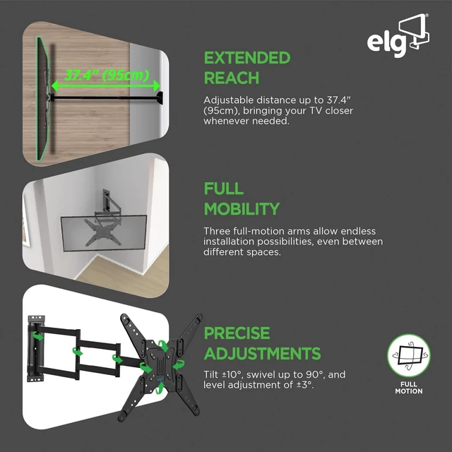 Alt view image 3 of 5 - ELG Long Arm Full Motion TV Wall Mount, 37.4" Extension for Corner & Open-Plan Rooms, Swivel, Tilt, 26-65" Screens up to 77 lbs, VESA 100x100 to 400x400mm, Pre-Assembled, Heavy-Duty Steel, Black