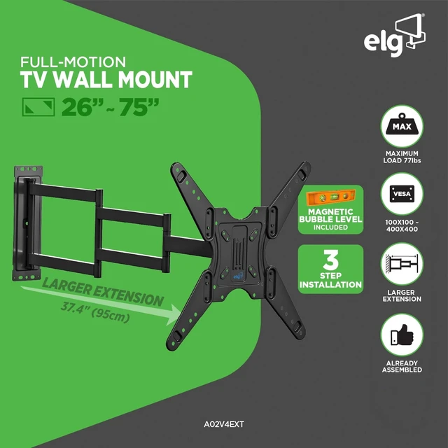 Alt view image 2 of 5 - ELG Long Arm Full Motion TV Wall Mount, 37.4" Extension for Corner & Open-Plan Rooms, Swivel, Tilt, 26-65" Screens up to 77 lbs, VESA 100x100 to 400x400mm, Pre-Assembled, Heavy-Duty Steel, Black