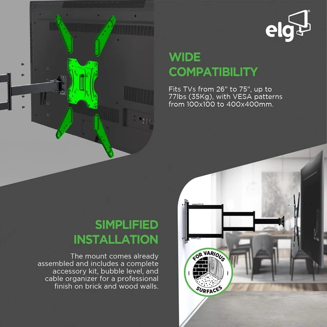 Alt view image 4 of 5 - ELG Long Arm Full Motion TV Wall Mount, 37.4" Extension for Corner & Open-Plan Rooms, Swivel, Tilt, 26-65" Screens up to 77 lbs, VESA 100x100 to 400x400mm, Pre-Assembled, Heavy-Duty Steel, Black
