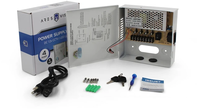 Main image of Ares Vision 4 Channel/Port 5 AMPS, 12V DC Power Supply Box, Individually Fused for CCTV, LED, and All 12v DC Devices. Includes Screw Drivers & Extra fuses