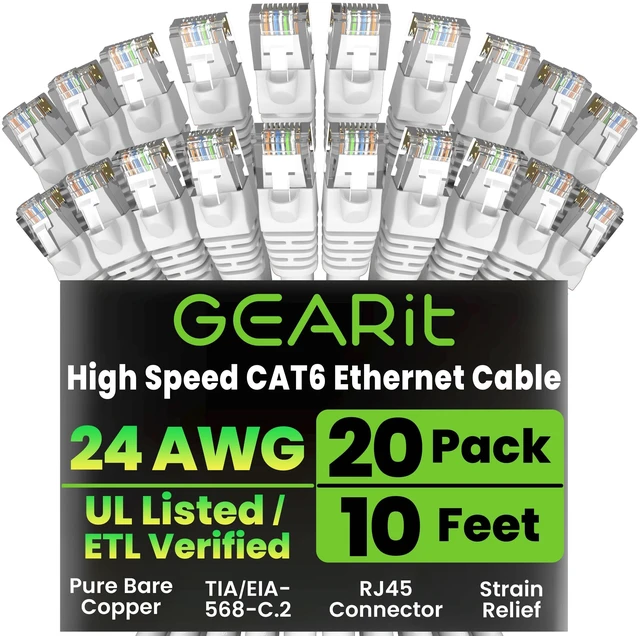 Main image of GEARit Cat6 Patch Cables Cat 6 Ethernet Cable 10 ft 20-Pack White