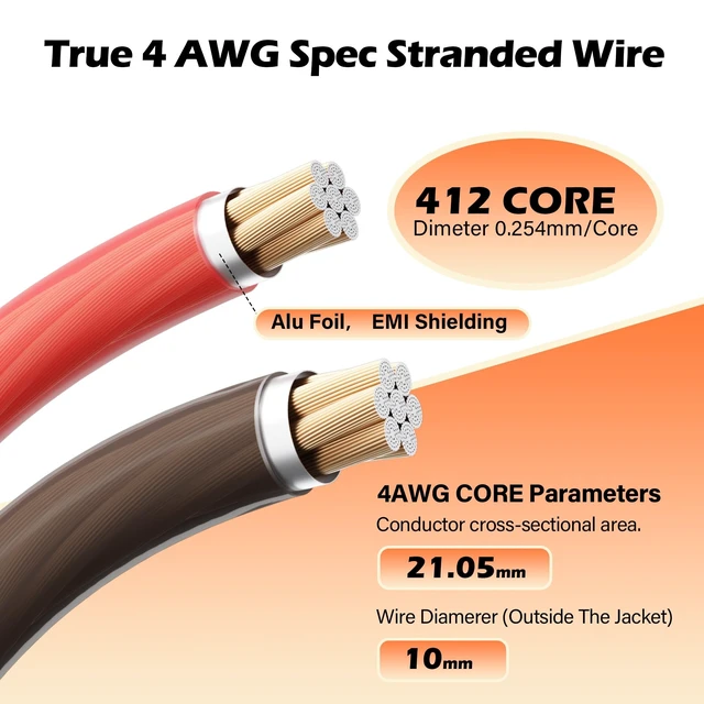 Alt view image 2 of 5 - 4 Gauge AWG Power/Ground Wire Cable 15 Ft Black+15 Ft Red, High Power Shielded CCA Soft Automotive Welding Battery Wiring Kit,for Car Audio Amp Speaker RV Trailer Marine Solar+ Lugs&Heat Shrink Tubes