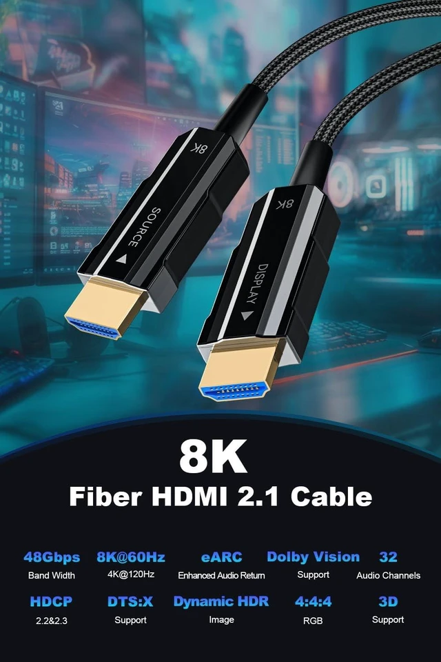 Alt view image 3 of 5 - 8K HDMI 2.1 Cable 6ft, Fiber Optic HDMI Cable Braided Cord, High Speed Active HDMI Cable, 48Gbps, 8K@60Hz 4K@120Hz, Dynamic HDR, eARC, HDCP 2.2&2.3, 3D, for HDTV Monitor Game Laptop Xbox PS4/PS5