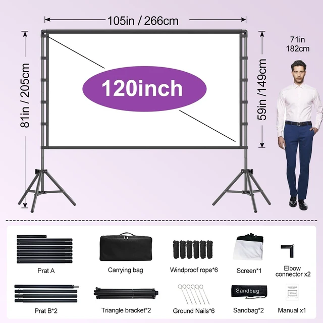 Alt view image 3 of 5 - 120 Inch 16:9 4K HD Projector Screen with Stand - Indoor & Outdoor Portable, Front & Rear Projection_Screen, Wrinkle - Free, with Carry Bag for Movie Night Backyard Theater