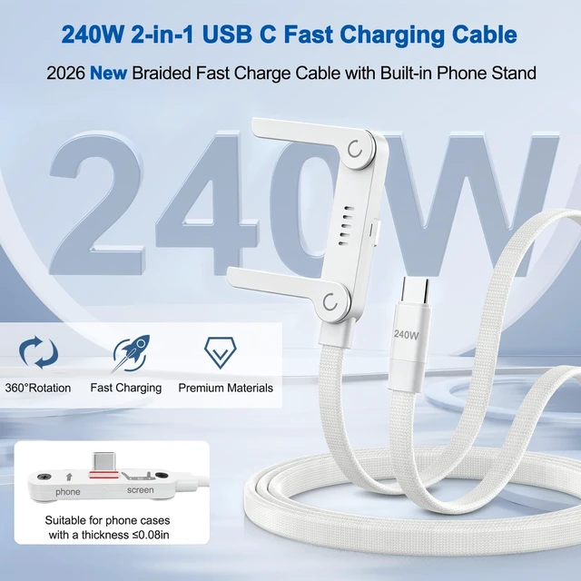 Alt view image 2 of 5 - USB C to USB C Charger Cable 3Pack 5FT, 240W 2-in-1 Nylon Braided USB C Charger Cable with Built-in Phone Stand, Fast Charging Cord 90 Right Angle Compatible with iPhone iPad Samsung Galaxy, Whi