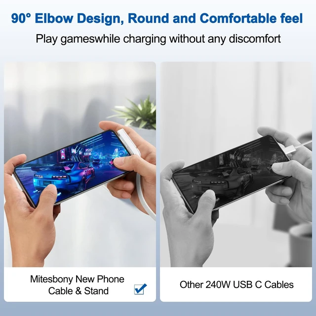 Alt view image 3 of 5 - USB C to USB C Charger Cable 3Pack 5FT, 240W 2-in-1 Nylon Braided USB C Charger Cable with Built-in Phone Stand, Fast Charging Cord 90 Right Angle Compatible with iPhone iPad Samsung Galaxy, Whi