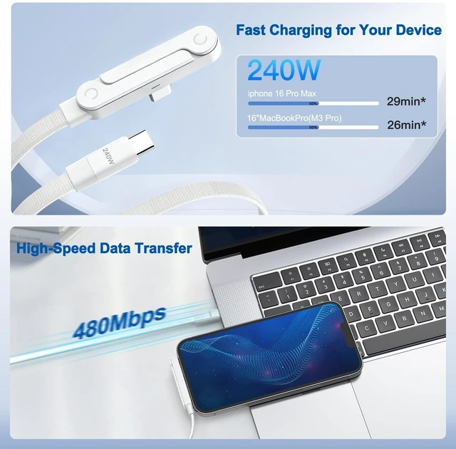 Alt view image 5 of 5 - USB C to USB C Charger Cable 3Pack 5FT, 240W 2-in-1 Nylon Braided USB C Charger Cable with Built-in Phone Stand, Fast Charging Cord 90 Right Angle Compatible with iPhone iPad Samsung Galaxy, Whi