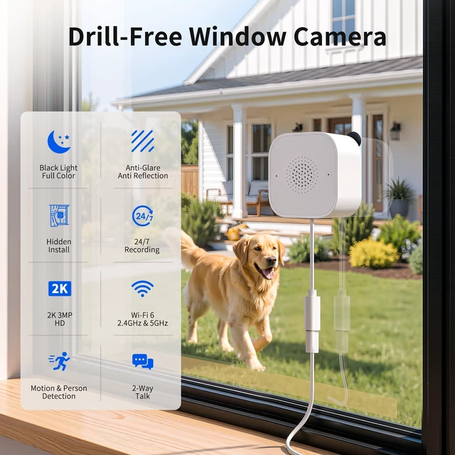 Alt view image 2 of 5 - kamoviz 2K No-Drill Window Camera, 2.4GHz & 5GHz WiFi Window Cameras for Home Security, Anti-Glare, Magnetic Mounted, Color Night Vision, 24/7 Recording, Human & Motion Detection, Works with Alexa