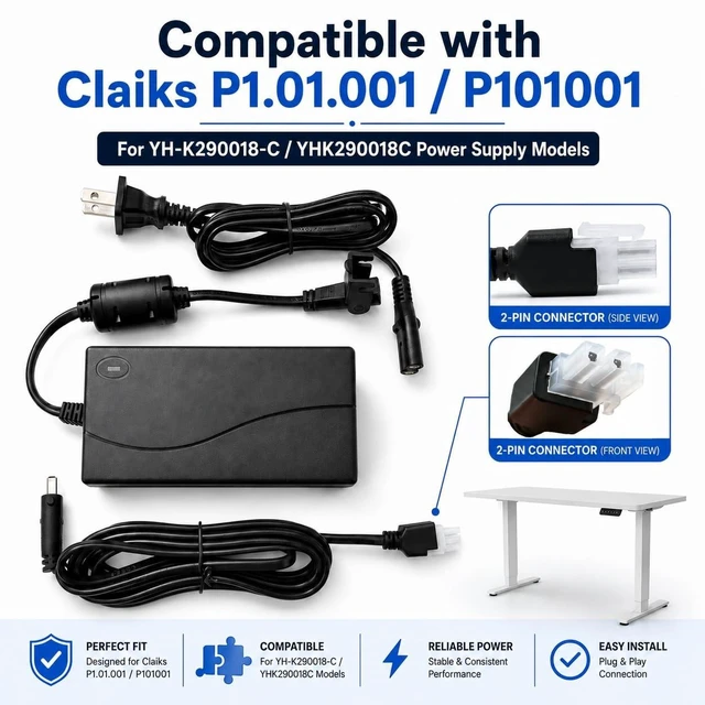 Alt view image 3 of 5 - MSMJSFA 29V 2A Standing Desk Replacement Cord, 2-Pin Adapter for Claiks