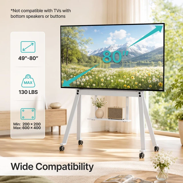 Alt view image 2 of 5 - PEGZONE Rolling Scandinavian Easel TV Stand for 49 to 80 Inch TVS, White