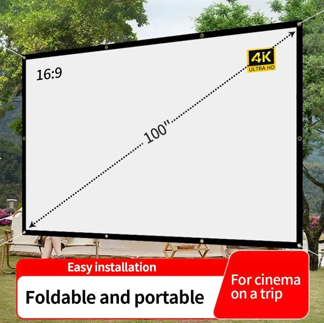 Alt view image 2 of 5 - 100 Inch 16:9 Projector Screen, Foldable and Washable HD White Projection Screen with Black Backing, Portable Movie Screen for Outdoor Indoor Home Theater, Camping, Meeting Room