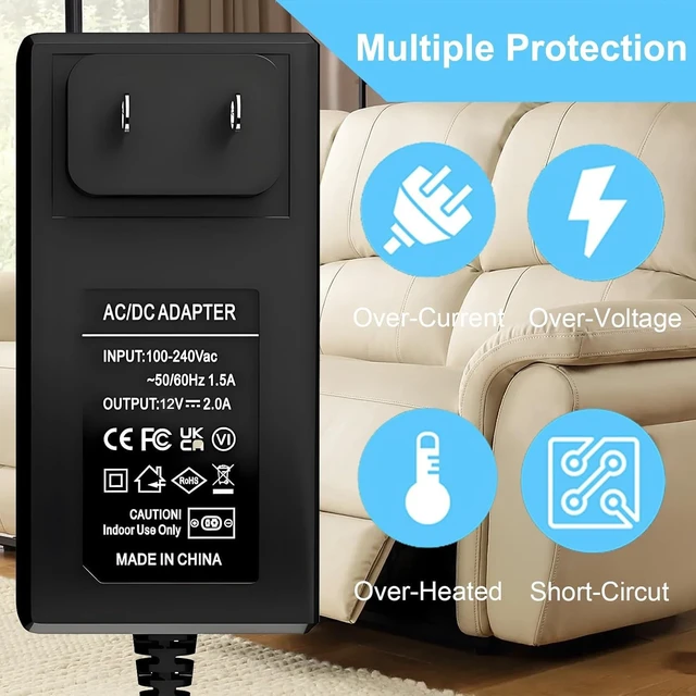 Alt view image 5 of 5 - Zodazoqa 12v 2a Power Supply Replacement Power Cord,for Single Motor Standing Desk Input Power Supply, Wall Plug-in Power Adapter 2 Pin Plug DesignMax Power 24W