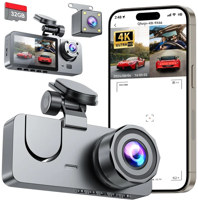 Main image of Dash Cam Front and Rear Inside 3 Channel 4K Full UHD Dash Camera for Cars