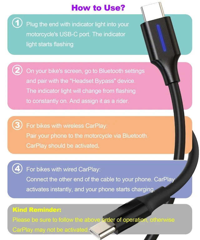 Alt view image 5 of 5 - KUYLICYMO 2-in-1 C to C Bypass Motorcycle CarPlay Bluetooth Headset Cable