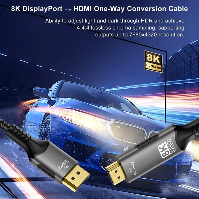 Alt view image 2 of 5 - FDBRO 8K DisplayPort to HDMI Cable Uni-Directional Braided Cord-2M (6.6FT)