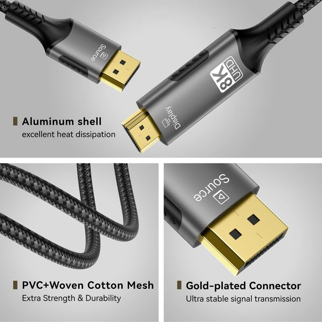 Alt view image 5 of 5 - FDBRO 8K DisplayPort to HDMI Cable Uni-Directional Braided Cord-2M (6.6FT)