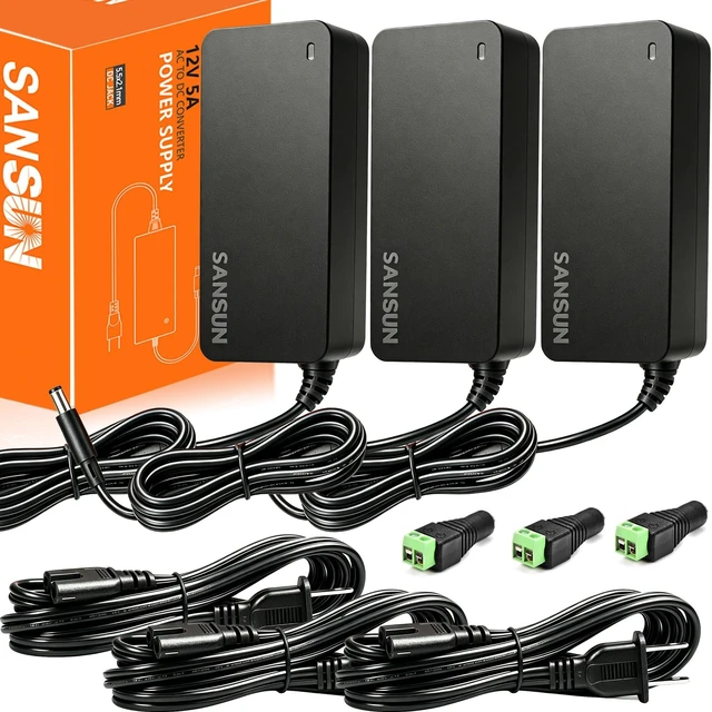 Main image of 12V 5A Power Supply, AC 120V to DC12V 5.5x2.1mm Jack Converter, 12 Volt LED Driver 60W Adapter Transformer for Strip Lights, Surveillance Cameras, External HDD, Monitor, CCTV (Pack of 3)