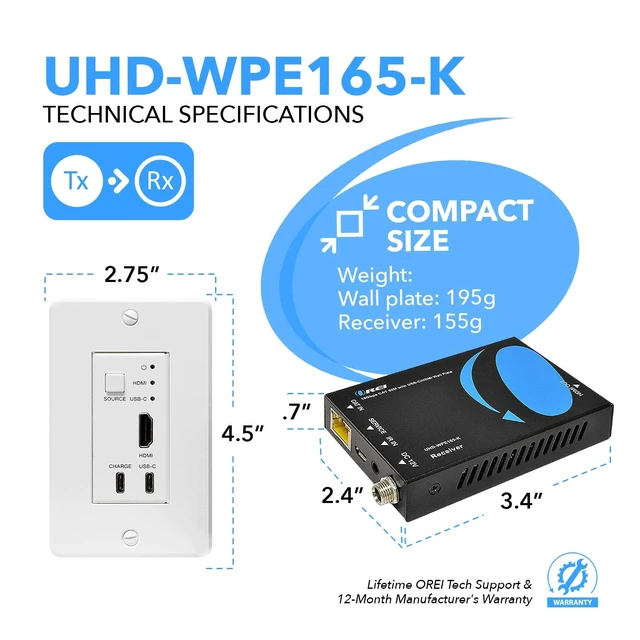 Alt view image 5 of 5 - OREI 4K HDMI/USB-C Extender, Over Single Cat6/Cat7 Cable Wall Plate Transmitter 4K @ 60Hz UltraHD with HDR & IR Control - Up to 165 ft