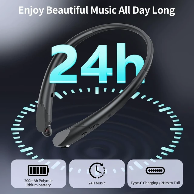 Alt view image 4 of 5 - MZQYRVK Retractable Neckband Bluetooth Headphones, Bluetooth 6.0, 24H Playtime, Hi-Fi Stereo, IPX4 Sweatproof, Vibration Alert, Wireless Earbuds for Sports Work Commute