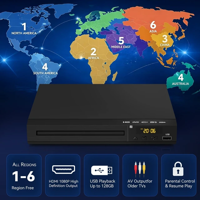 Alt view image 4 of 5 - TAVRYQEL Region Free DVD Player for TV, 1080P HDMI DVD/CD Player with USB Playback, Multi-Format Disc Support, HDMI & AV Output, Remote Control Included Does Not Play Blu-ray Discs
