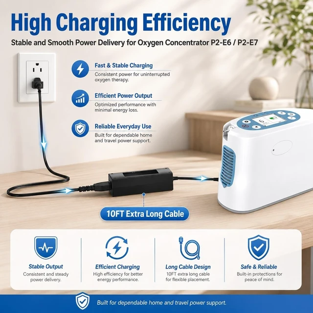 Alt view image 2 of 5 - 19V 6.5A Charger Compatible with Rhythm Healthcare Lifestyle P2 Portable Oxygen Concentrator, AC Power Adapter Cord Compatible with P2-E6, P2-E7, P2ACA-1, P2DCA-1, BA-P200, BA-P201, 2-Pin